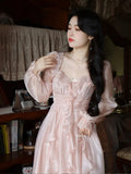 woloong Autumn Vintage Party Midi Dress Women Pink Fairy Korean Style Sweet Dress Female Bubble Sleeve Elegant Evening Party Dress