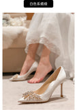 woloong Spring New White Women Bridal Wedding Shoes Faux Silk Satin Rhinestone Crystal Shallow Pumps Stiletto High Heel T