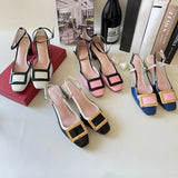 New Square Buckle Closed Toe Sandals Chunky Heel Patent Leather Color-Matching Sandals Mid Heel Ankle-Strap Shoes