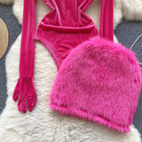 woloong Autumn Long Sleeves Bodysuits  Women O Neck Open Crotch Velvet Slim Playsuits+Plush Sexy Mini Skirt Suits