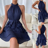 woloong Women Soild Ruffle Design Dress Halter Neck Dress Casual Sweet Style Dress Grace Sleeveless Dress Women Summer Dress