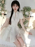 woloong Summer Pink Bow Fashion Elegant Dress Women Floral Print Vintage Party Mini Dress Female Puff Sleeve Korean Sweet Dress  New