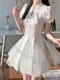 woloong Summer Pink Bow Fashion Elegant Dress Women Floral Print Vintage Party Mini Dress Female Puff Sleeve Korean Sweet Dress  New