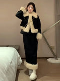 Winter Warm Black Elegant Clothing Suit Korean Fashion 2 Piece Set Thicken Coat Jacket + Slim Mini Skirt Woman Comfortable