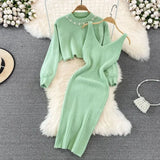 woloong Women Sweater Midi Dress Set Casual Pullovers Suits Autumn Winter O-neck Long Sleeve Knitted Solid Slim Elegance Tops Elastic