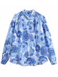 woloong Flower Print Blue Short Sets Women Matching Set Blue Summer Spring Two Pieces Sets Suits Oversized Top Shorts