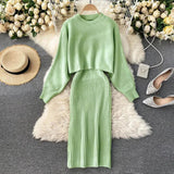 woloong Women Sweater Midi Dress Set Casual Pullovers Suits Autumn Winter O-neck Long Sleeve Knitted Solid Slim Elegance Tops Elastic