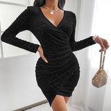 woloong - Black Casual Solid Fold V Neck Long Sleeve Dresses