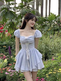 woloong Summer Bule Sweet Kawaii Dress Women Strappy Elegant Fashion Party Mini Dress Female Ruffle Flounce Korean Casual Dress New