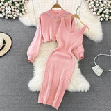woloong Women Sweater Midi Dress Set Casual Pullovers Suits Autumn Winter O-neck Long Sleeve Knitted Solid Slim Elegance Tops Elastic