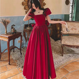 woloong Solid Color Dress for Women Spring Summer New Beaded Bow Square Collar Short Sleeve Mid-length A-line Skirt Female Clothing