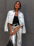 Chic Silvery Women's Pants Set Fashion Lapel Single Breasted Crop Jacket Straight Trousers Suit  Autumn Lady Elegant Outfit