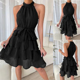 woloong Women Soild Ruffle Design Dress Halter Neck Dress Casual Sweet Style Dress Grace Sleeveless Dress Women Summer Dress