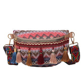 woloong woloong Women Folk Style Waist Bags with Adjustable Strap Variegated Color Fanny Pack with Fringe Decor Pochete Feminina Ri?onera Belt