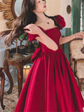 woloong Solid Color Dress for Women Spring Summer New Beaded Bow Square Collar Short Sleeve Mid-length A-line Skirt Female Clothing