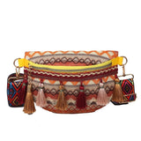 woloong woloong Women Folk Style Waist Bags with Adjustable Strap Variegated Color Fanny Pack with Fringe Decor Pochete Feminina Ri?onera Belt