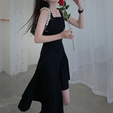 woloong Black Spaghetti Strap Dress Goth Women Summer Elegant Sexy Party Solio Irregular Gothic Long Dress Korean Style Clothes New