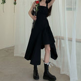 woloong Black Spaghetti Strap Dress Goth Women Summer Elegant Sexy Party Solio Irregular Gothic Long Dress Korean Style Clothes New