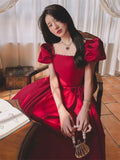 woloong Solid Color Dress for Women Spring Summer New Beaded Bow Square Collar Short Sleeve Mid-length A-line Skirt Female Clothing