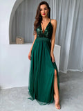 woloong Mesh Sequins V-neck Dress Women New Cocktail Party Dresses Backless Summer Maxi Long Bodycon Dress Elegant Dress