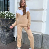 Casual Hooded Sweatshirt Women Suit Spliced Long Sleeve Pullover Female 2 Piece Sets  Elastic Waist Jogging Pants Lady Set