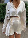 Satin Lantern Long Sleeves Skirt Blouse Set Elegant Lace Up High Waist White Tops Suits Women Sexy Sports Style Streetwear