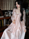 woloong Autumn Vintage Party Midi Dress Women Pink Fairy Korean Style Sweet Dress Female Bubble Sleeve Elegant Evening Party Dress