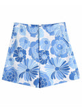 woloong Flower Print Blue Short Sets Women Matching Set Blue Summer Spring Two Pieces Sets Suits Oversized Top Shorts