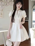 woloong Summer Pink Bow Fashion Elegant Dress Women Floral Print Vintage Party Mini Dress Female Puff Sleeve Korean Sweet Dress  New