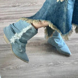 Fashion Women Chelsea Boots Cowboy Knee High Shoes  New Autumn Winter Mid Heels Boots Casual Shoes Chunky Motorcycle Botas