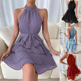 woloong Women Soild Ruffle Design Dress Halter Neck Dress Casual Sweet Style Dress Grace Sleeveless Dress Women Summer Dress