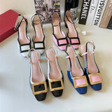 New Square Buckle Closed Toe Sandals Chunky Heel Patent Leather Color-Matching Sandals Mid Heel Ankle-Strap Shoes