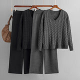 woloong  Autumn Loose Two Pieces Sets Women Twist Striped Sweater+Wide Legs Thick Long Pant Home Wear Casual Knitted Suits