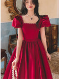 woloong Solid Color Dress for Women Spring Summer New Beaded Bow Square Collar Short Sleeve Mid-length A-line Skirt Female Clothing