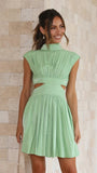 Stand Collar Waist Cut Out Women Summer Midi Dress Green Sleeveless A-line Holiday Beach Solid Vestidos Party New Robe