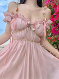 woloong Pink Sweet Strap Dress Summer Women Elegant V-Neck Bow Floral Fairy Party Dresses Female Sexy Off Shoulder Chic Holiday Vestidos