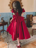 woloong Solid Color Dress for Women Spring Summer New Beaded Bow Square Collar Short Sleeve Mid-length A-line Skirt Female Clothing