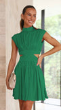 Stand Collar Waist Cut Out Women Summer Midi Dress Green Sleeveless A-line Holiday Beach Solid Vestidos Party New Robe