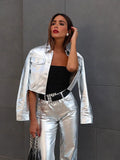 Chic Silvery Women's Pants Set Fashion Lapel Single Breasted Crop Jacket Straight Trousers Suit  Autumn Lady Elegant Outfit