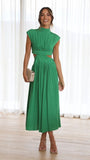 Stand Collar Waist Cut Out Women Summer Midi Dress Green Sleeveless A-line Holiday Beach Solid Vestidos Party New Robe