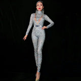 woloong Flashing Silver Rhinestones Spandex Women Jumpsuit Birthday Celebrate Bar Outfit Singer Dance Wear Leggings Stage Queen Costume