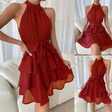 woloong Women Soild Ruffle Design Dress Halter Neck Dress Casual Sweet Style Dress Grace Sleeveless Dress Women Summer Dress