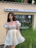 woloong Fairy Dress Pink Dress New Summer Organza Fairy Dress Female Sweet Puff Sleeves Mesh Square Collar Princess Dress Women's Clothing