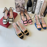 New Square Buckle Closed Toe Sandals Chunky Heel Patent Leather Color-Matching Sandals Mid Heel Ankle-Strap Shoes