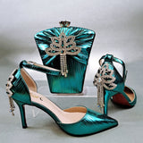 woloong New Arrival Sexy High Heel Pointed Elegant Noble Green Color Ladies Shoes and Bag Set For Any Occasion