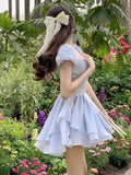 woloong Summer Bule Sweet Kawaii Dress Women Strappy Elegant Fashion Party Mini Dress Female Ruffle Flounce Korean Casual Dress New