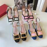 New Square Buckle Closed Toe Sandals Chunky Heel Patent Leather Color-Matching Sandals Mid Heel Ankle-Strap Shoes