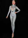 woloong Flashing Silver Rhinestones Spandex Women Jumpsuit Birthday Celebrate Bar Outfit Singer Dance Wear Leggings Stage Queen Costume