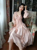 woloong Autumn Vintage Party Midi Dress Women Pink Fairy Korean Style Sweet Dress Female Bubble Sleeve Elegant Evening Party Dress