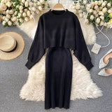 woloong Women Sweater Midi Dress Set Casual Pullovers Suits Autumn Winter O-neck Long Sleeve Knitted Solid Slim Elegance Tops Elastic